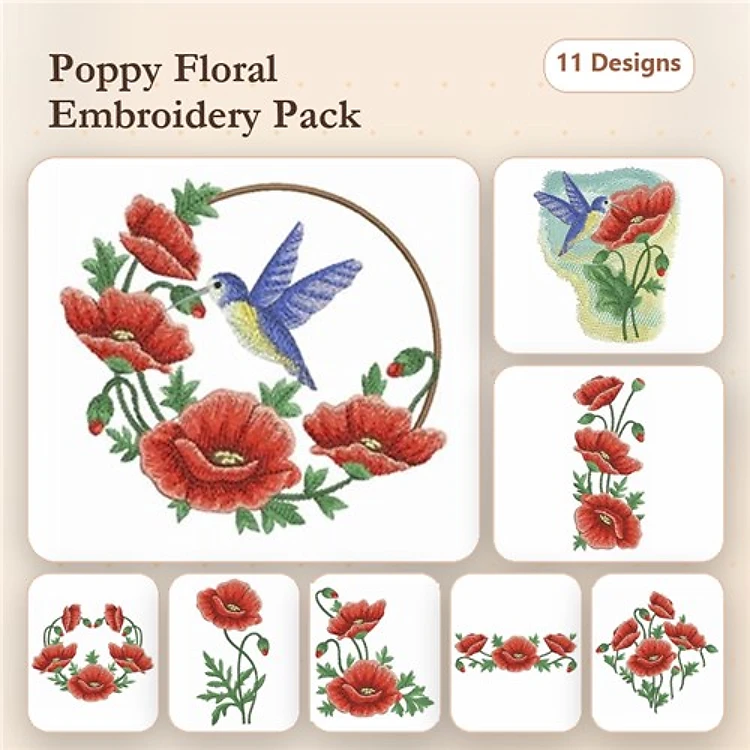 Poppy Floral Embroidery Designs Bundle – Hummingbird with Poppies, Poppy Bouquet, & More (11 Designs)