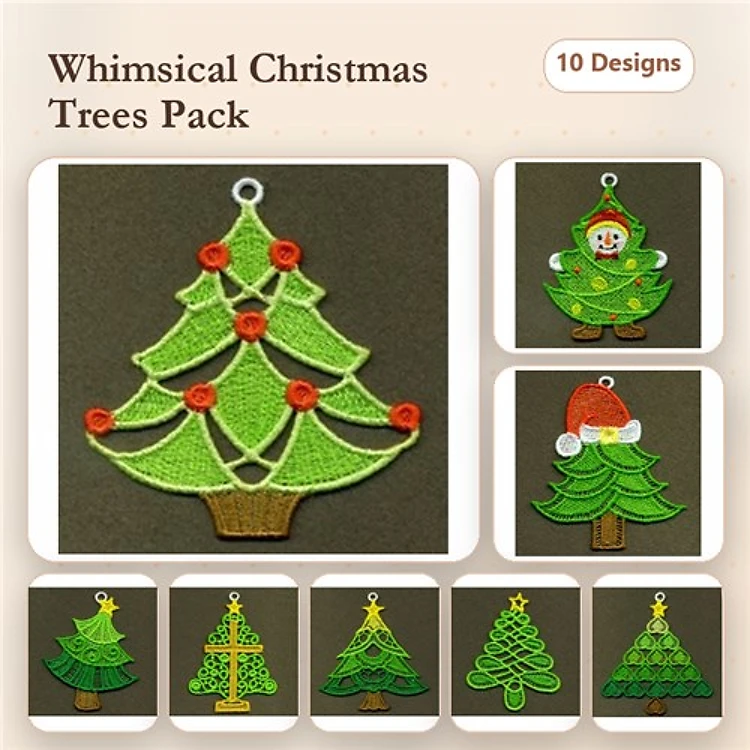 FSL Whimsical Christmas Trees Embroidery Designs Bundle – Christmas Tree with Ornaments, Santa Claus Tree, & More (10 Designs)