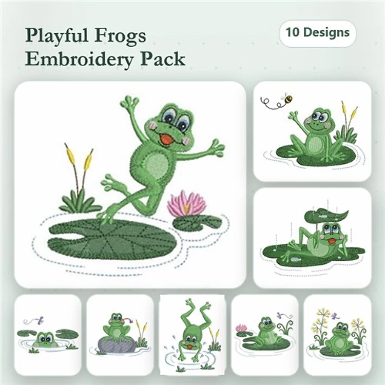 Frog Embroidery Designs Bundle – Jumping Frog, Frog on Lily Pad, Swimming Frog & More (10 Designs)