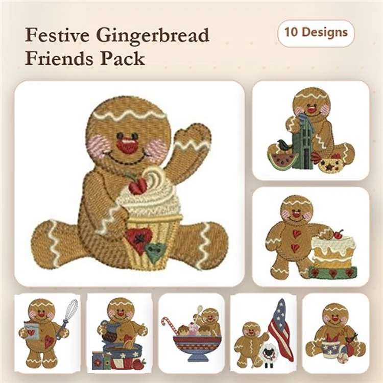 Gingerbread Characters Embroidery Bundle – Boy with Cupcake, Girl with Candy, House & More (10 Designs)