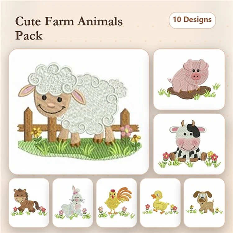 Farm Animal Embroidery Bundle – Cute Sheep, Pig, Cow & More (10 Designs)