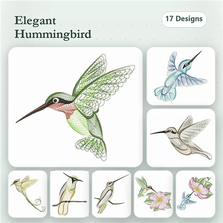 Rippled Hummingbirds Embroidery Bundle – Elegant Hummingbird, Blue Hummingbird, Hummingbird & Flower & More (17 Designs)