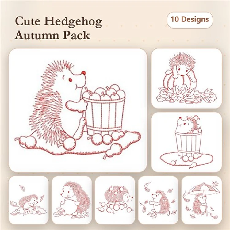 Redwork Hedgehogs in Autumn Embroidery Bundle – Hedgehog with Acorns, Hedgehog under Umbrella, & More (10 Designs)