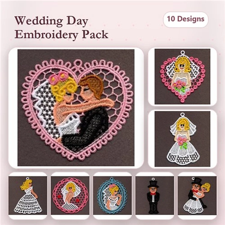 FSL Wedding Embroidery Designs Bundle – Bride and Groom Ornament, Wedding Heart Frame & More (10 Designs)