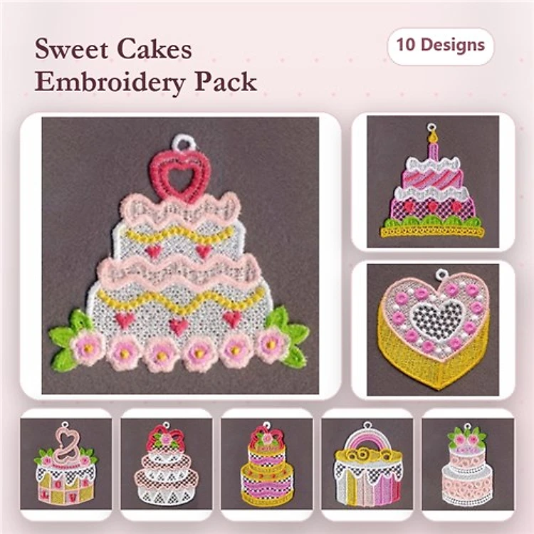 FSL Cake-Themed Embroidery Designs Bundle – Tiered Cake Ornament, Heart Cake, Birthday Cake with Candle & More (10 Designs)