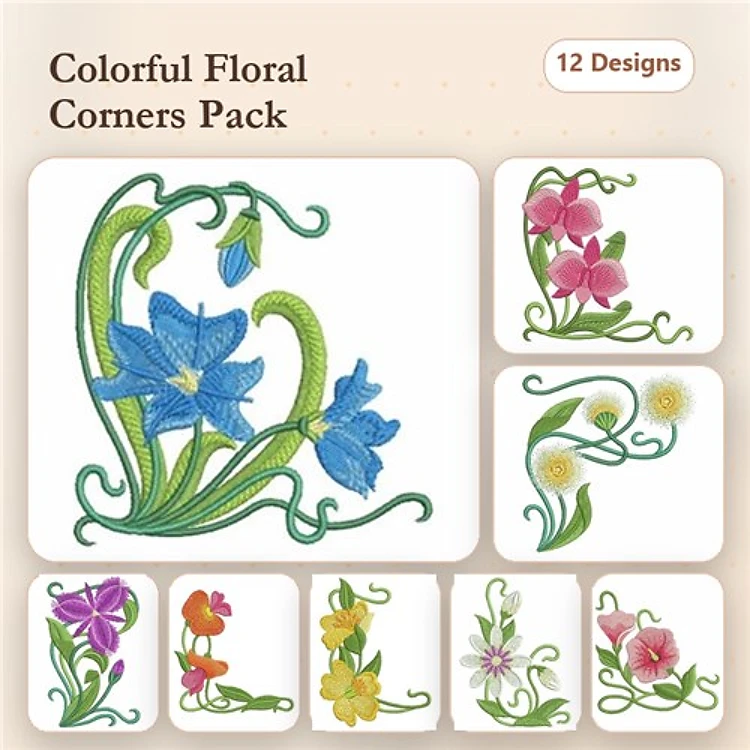 Floral Corner Embroidery Designs Bundle – Blue Floral Corner, Pink Floral Corner, Daisy Floral Corner & More (12 Designs)