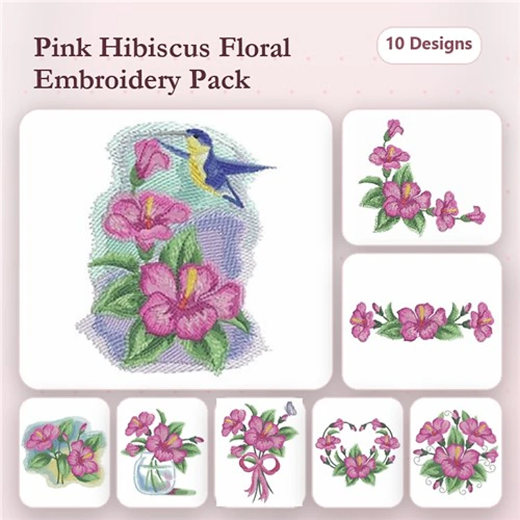 Hibiscus Flowers & Hummingbird Embroidery Designs Bundle – Hibiscus with Hummingbird, Hibiscus Branch, Hibiscus Bouquet & More (10 Designs)