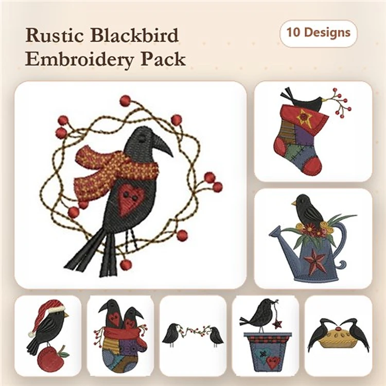 Blackbird Embroidery Designs Bundle – Christmas Stocking, Watering Can, Flower Pot & More (10 Designs)