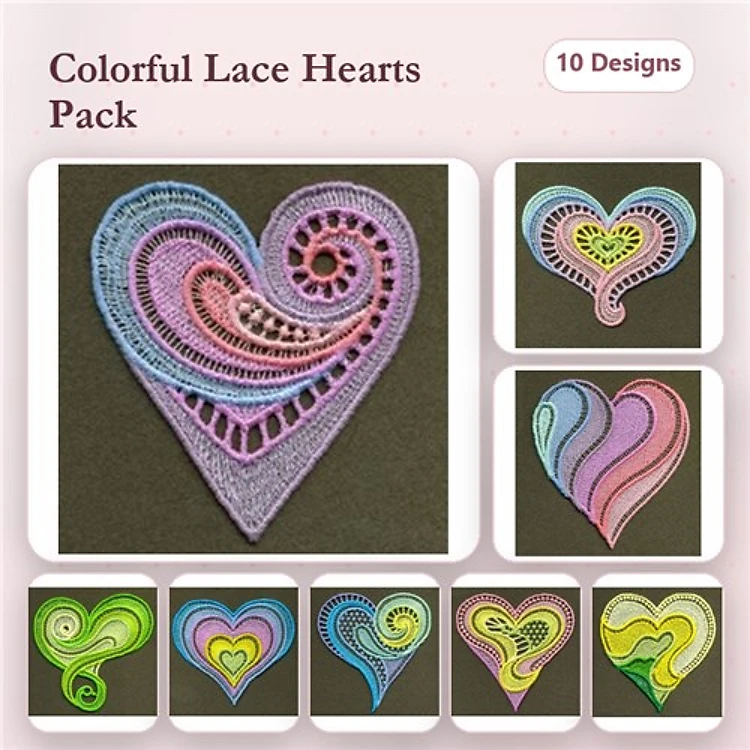 FSL Colorful Lace Hearts Embroidery Designs Bundle – Curved Heart with Swirls, Layered Lace Heart, & More (10 Designs)