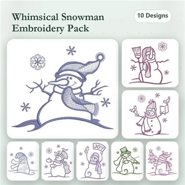 Redwork Whimsical Snowmen Embroidery Designs Bundle – Snowman with Hat and Scarf, Snowman with Broom & More (10 Designs)