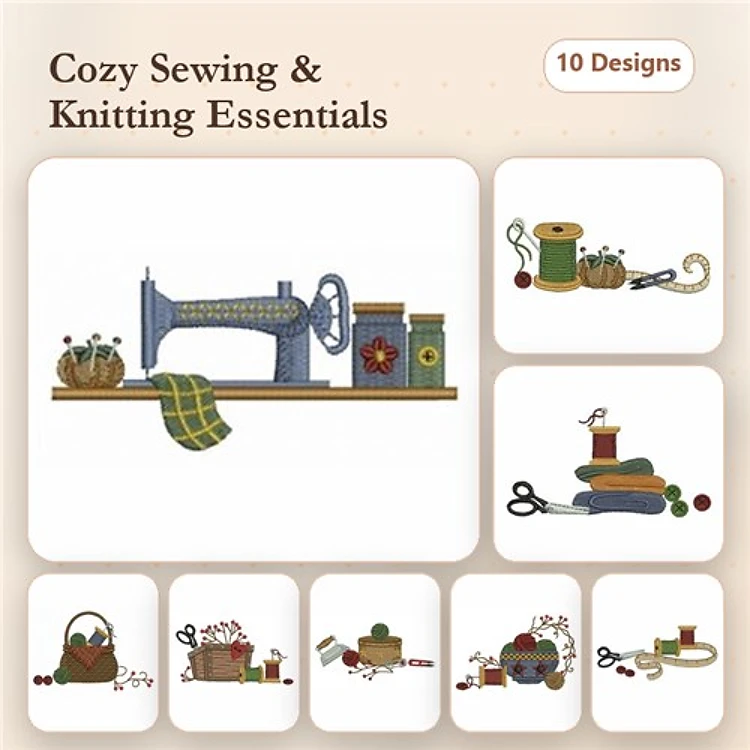 Sewing & Knitting Embroidery Designs Bundle – Vintage Sewing Machine, Knitting Basket, Spools of Thread & More (10 Designs)