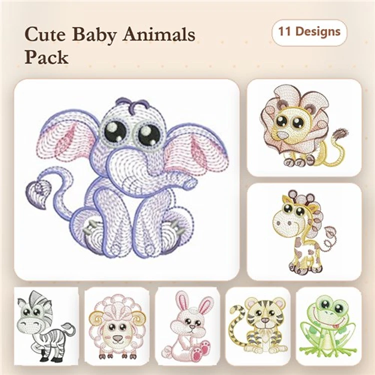 Rippled Cute Baby Animals Embroidery Bundle – Purple Elephant, Lion Cub, Giraffe & More (11 Designs)