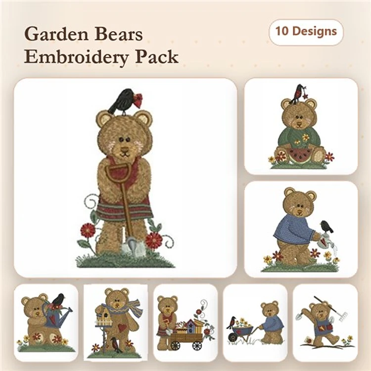 Bears Embroidery Designs Bundle – Bear with Garden Tools, Bear with Flowers, Bear in Apron & More (10 Designs)