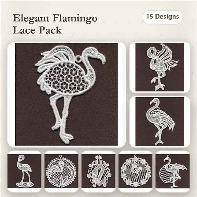 FSL Flamingo Embroidery Bundle – Flamingo Ornament, Standing Flamingo, Lace Border & More (15 Designs)
