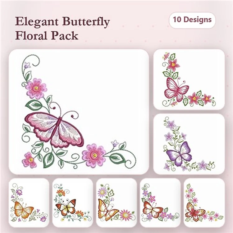 Butterflies & Floral Embroidery Designs Bundle – Butterfly with Floral Arrangement, Purple Butterfly with Flowers & More (10 Designs)