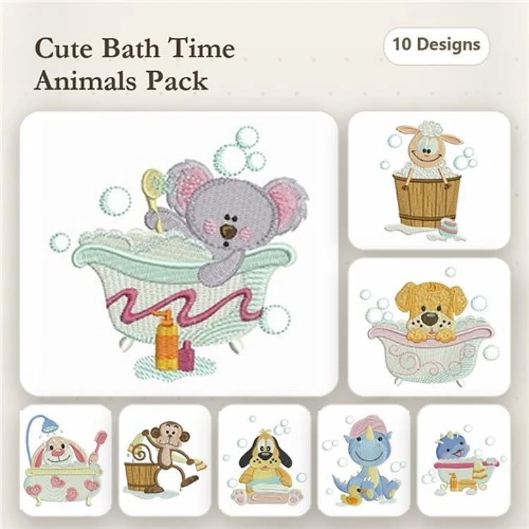 Cute Bath Time Animals Embroidery Bundle – Adorable Designs (10 Designs)