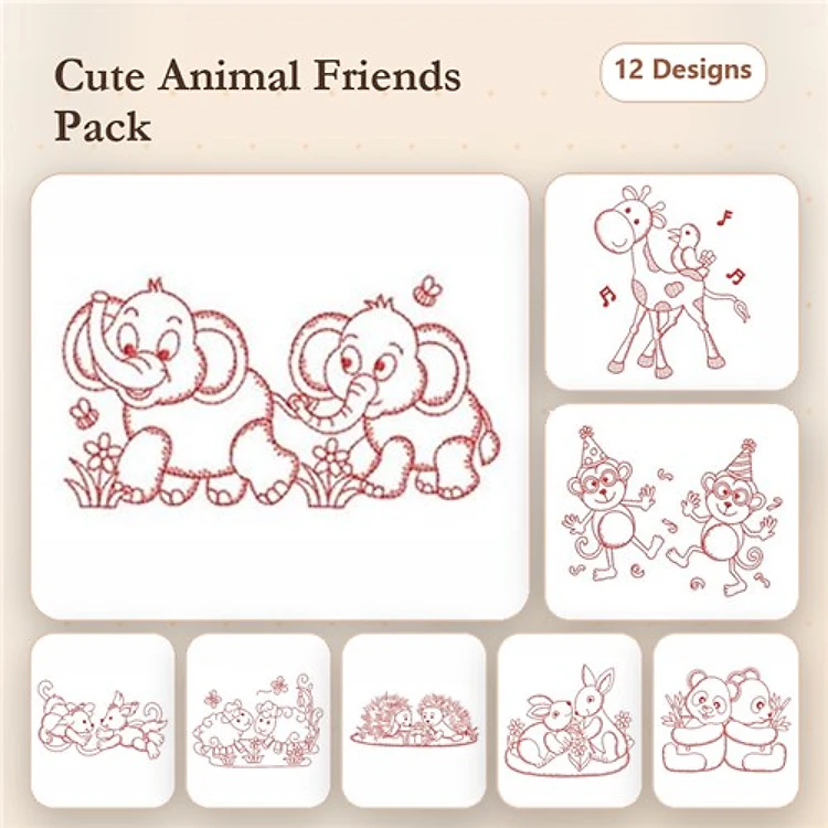 Elephant & Giraffe Embroidery Bundle – Cute Animal Friends (12 Designs)