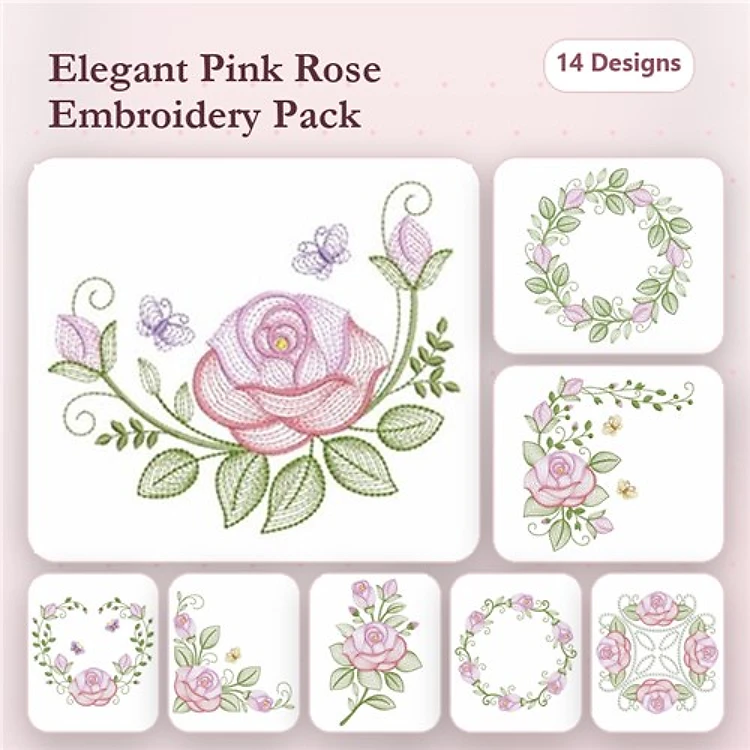 Rippled Pink Rose Embroidery Designs Bundle – Elegant Pink Rose, Floral Wreath with Pink Roses, Rose Corner Design & More (14 Designs)