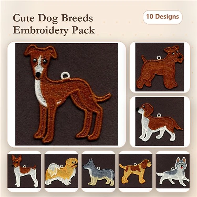 Cute Dog Breeds Embroidery Bundle – Whippet, Boxer & More (10 Designs)