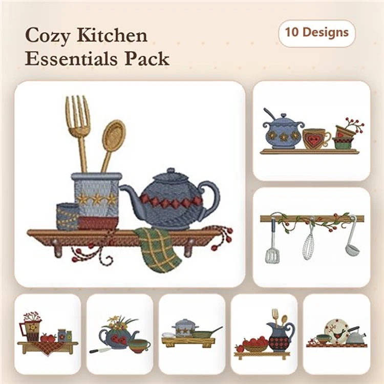 Cozy Kitchen Items Embroidery Designs Bundle – Teapot with Cups, Fork and Spoon Holder, & More (10 Designs)