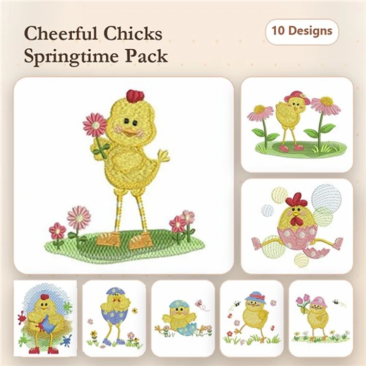 Cheerful Chicks Embroidery Bundle – Chick with Flowers, Chick Holding Flower, Chick with Butterfly & More (10 Designs)