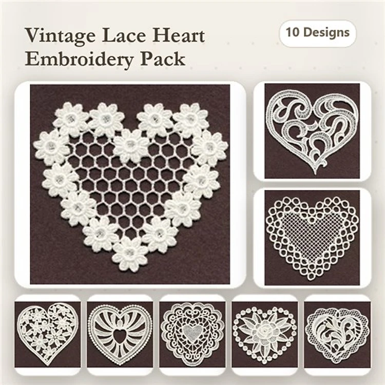 FSL Lace Hearts Embroidery Designs Bundle – Flower Lace Heart, Honeycomb Heart, Ornate Lace Heart & More (10 Designs)