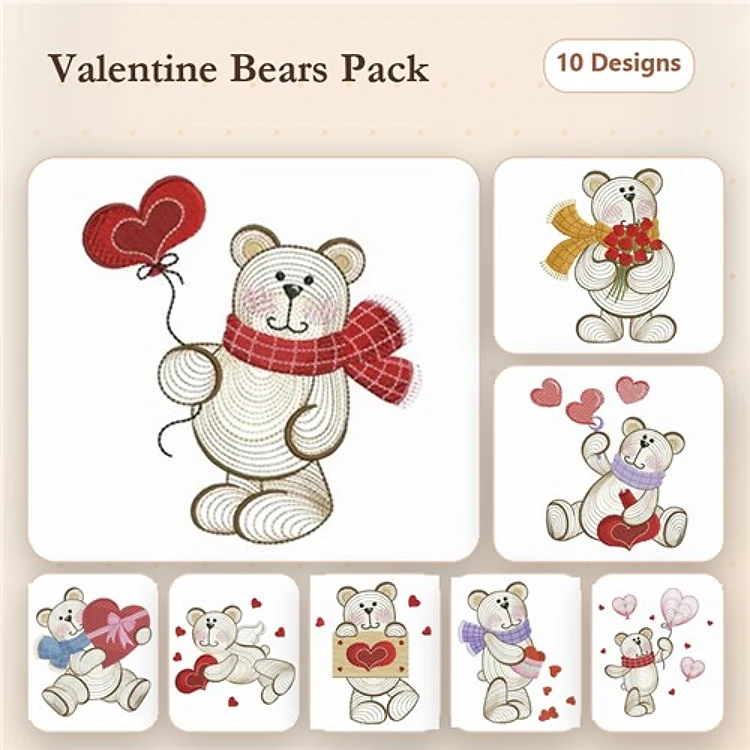 Rippled Valentine-themed Bears Embroidery Designs Bundle – Bear with Heart Balloon, Bear Holding Flowers, & More (10 Designs)
