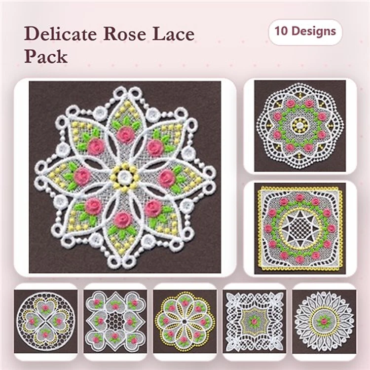 FSL Delicate Lace Embroidery Bundle – Rose Lace Square, Floral Lace Circle, Lacey Floral Medallion & More (10 Designs)