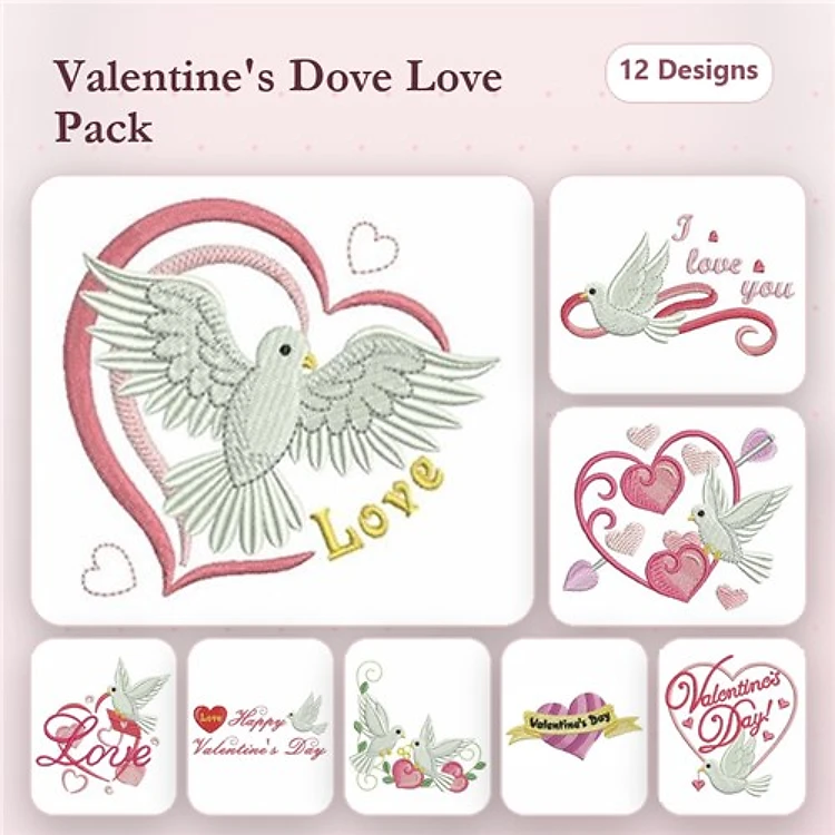 Valentine's Day with Doves & Hearts Embroidery Designs Bundle – I Love You Dove, Cupid's Heart, & More (12 Designs)
