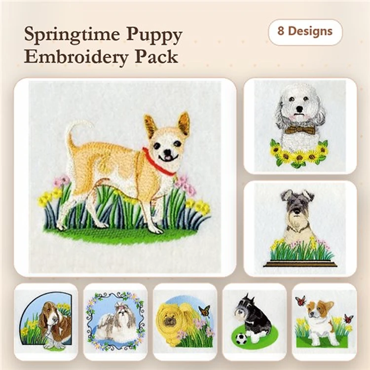 Puppy Embroidery Bundle – Springtime Canine Designs (8 Designs)