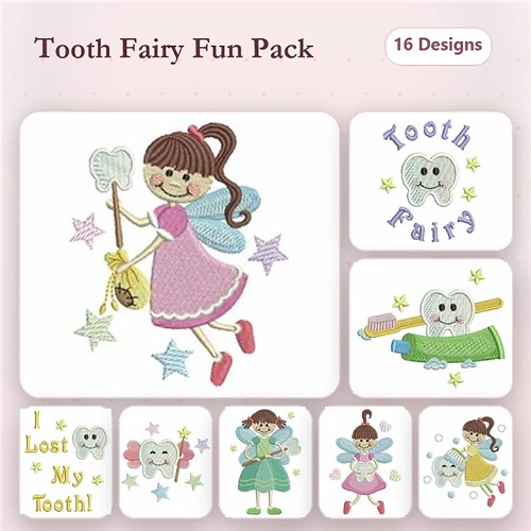 Tooth Fairy Embroidery Designs Bundle – Tooth Fairy with Wand, Happy Tooth Face & More (16 Designs)