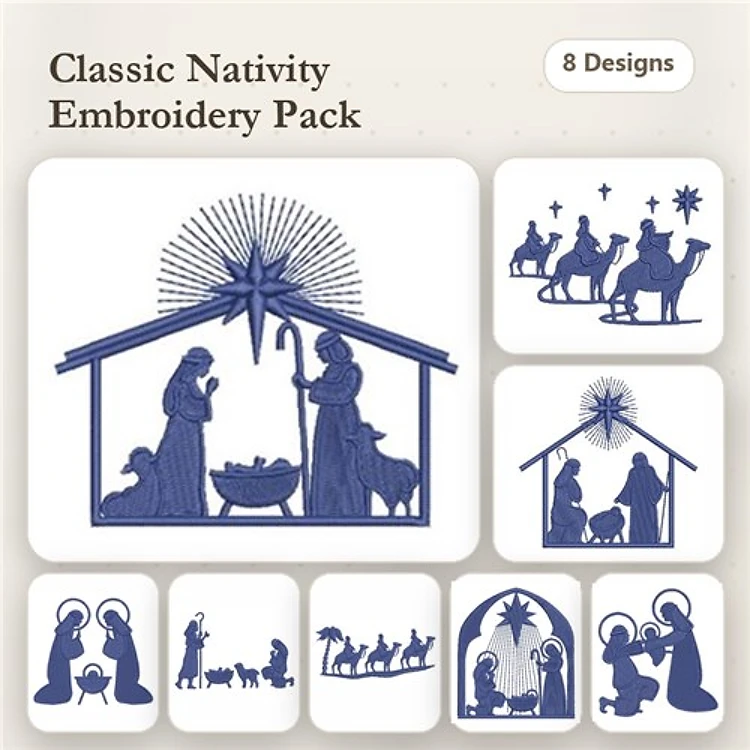 Nativity Scene Embroidery Bundle – Mary & Baby Jesus, Three Wise Men, Shepherd & More (8 Designs)