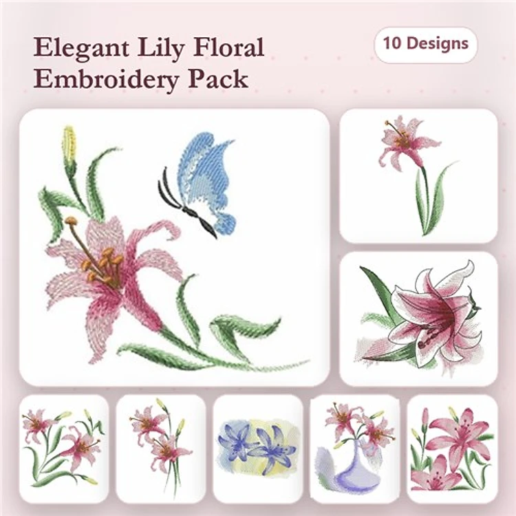 Elegant Lily Floral Embroidery Designs Bundle – Pink Lily with Butterfly, Purple Lily, White Lily & More (10 Designs)