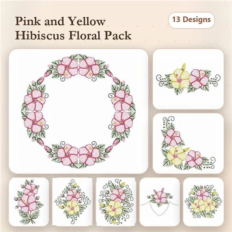 Rippled Hibiscus Floral Embroidery Bundle – Wreath, Flower Arrangement, Heart Shape & More (13 Designs)