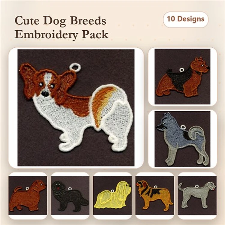 Cute Dog Breeds Embroidery Bundle – Adorable Canine Designs (10 Designs)