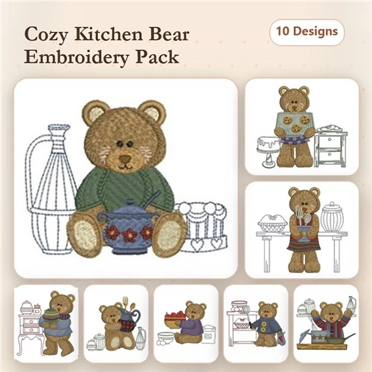 Cozy Kitchen Bear Embroidery Bundle – Bear with Mixing Bowl, Bear with Cupcake, Bear with Teapot & More (10 Designs)