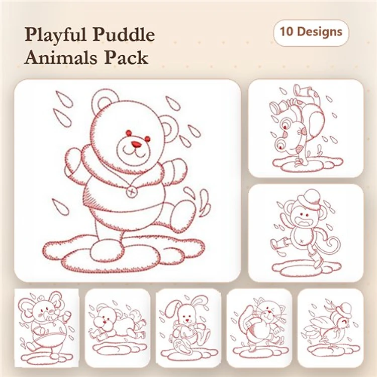 Playful Puddle Animals Embroidery Bundle – Cute Animal Designs (10 Designs)