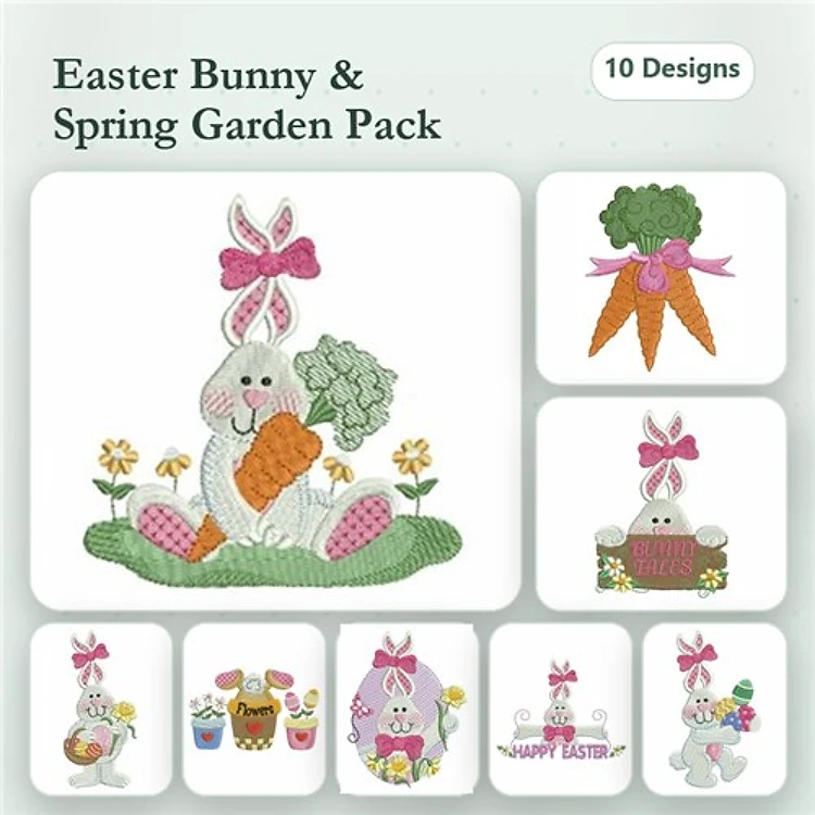 Easter Bunny & Spring Garden Embroidery Designs Bundle – Bunny with Carrot, Happy Easter Text, Bunny Holding Carrots & More (10 Designs)