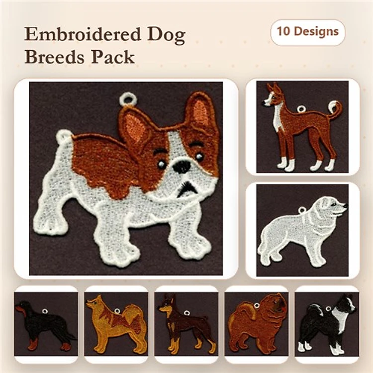 Dog Breed Embroidery Bundle – French Bulldog, Pug & More (10 Designs)