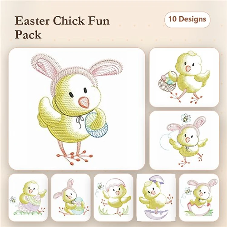 Chick Embroidery Bundle – Chick with Easter Basket, Chick with Egg, Chick with Bunny Ears & More (10 Designs)
