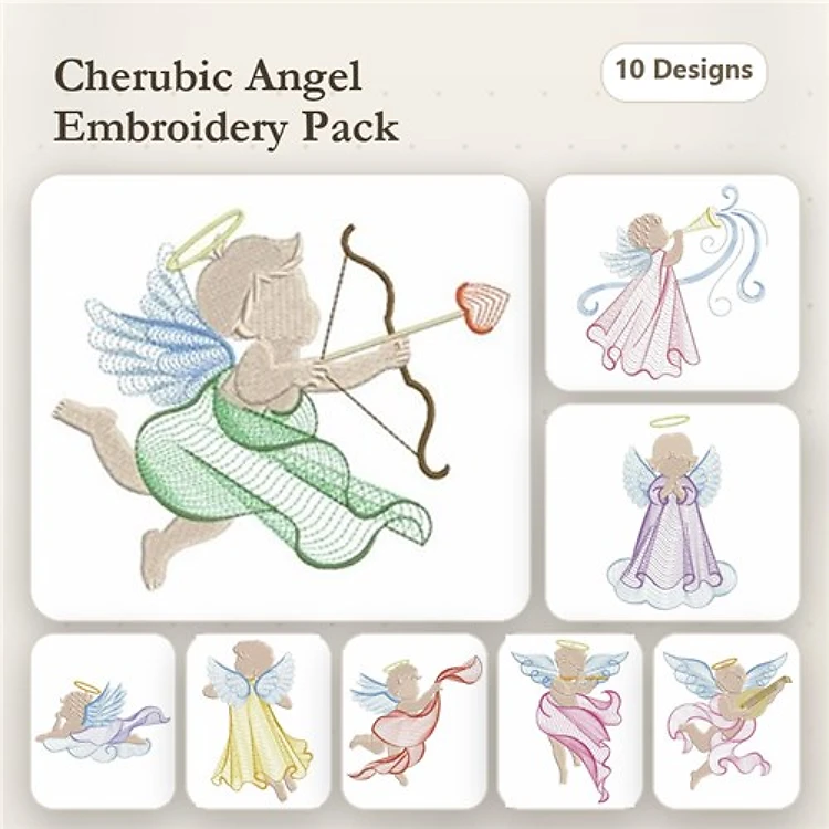 Rippled Cherubic Angels Embroidery Designs Bundle – Angel with Heart, Angel with Bow, & More (10 Designs)