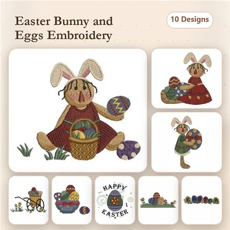 Easter Bunny & Eggs Embroidery Designs Bundle – Easter Bunny with Basket, Happy Easter Text, & More (10 Designs)