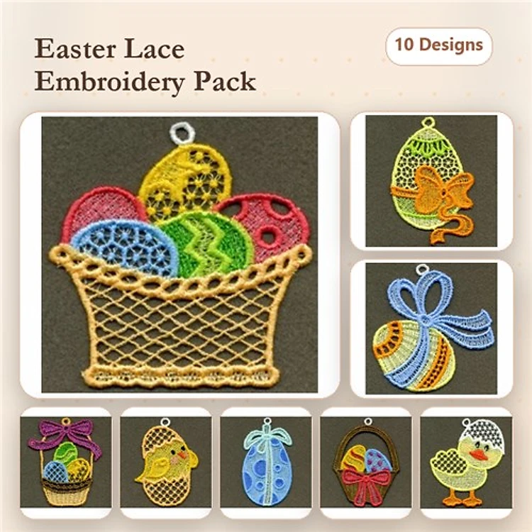 FSL Easter Basket Embroidery Designs Bundle – Decorative Eggs, Chick, Bow & More (10 Designs)