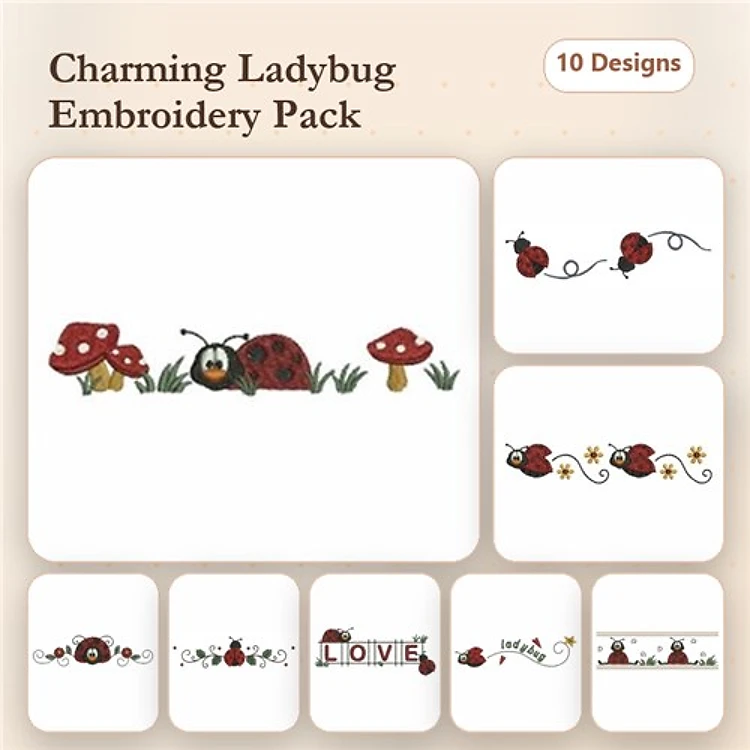 Ladybug Embroidery Designs Bundle – Ladybug on Mushroom, Ladybug with Flowers, Ladybug Heart & More (10 Designs)