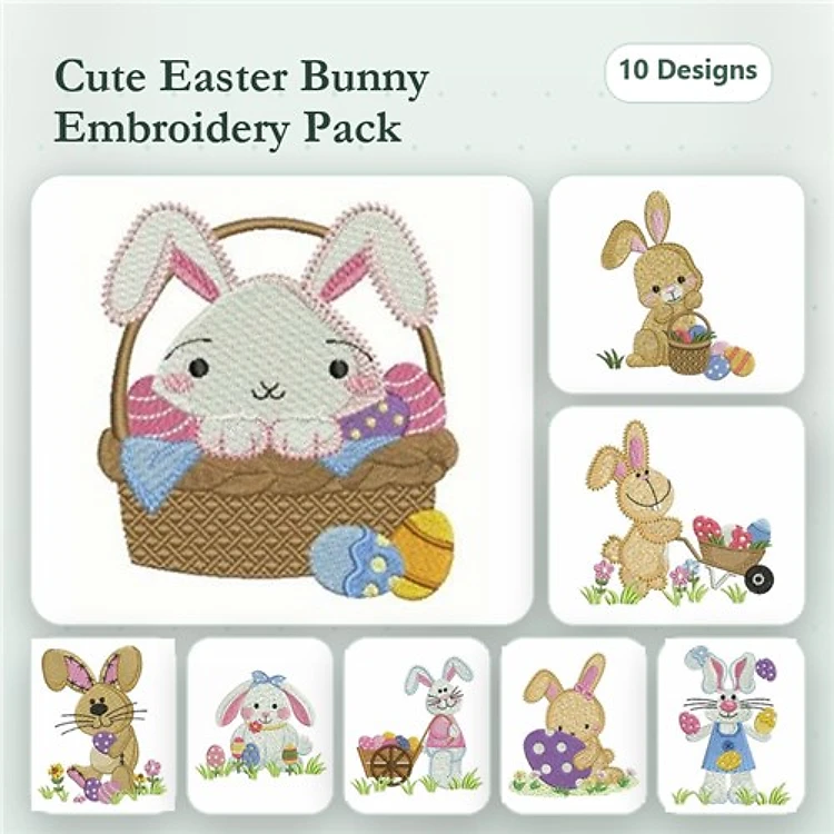 Easter Bunnies and Eggs Embroidery Designs Bundle – Bunny in Easter Basket, Bunny with Flowers & More (10 Designs)