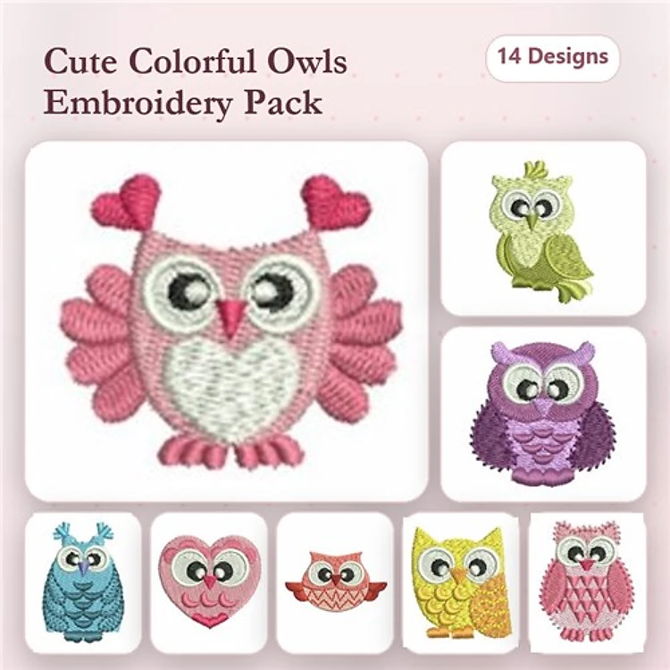 Colorful Owl Embroidery Designs Bundle – Pink Heart Owl, Green Owl, Purple Owl & More (14 Designs)