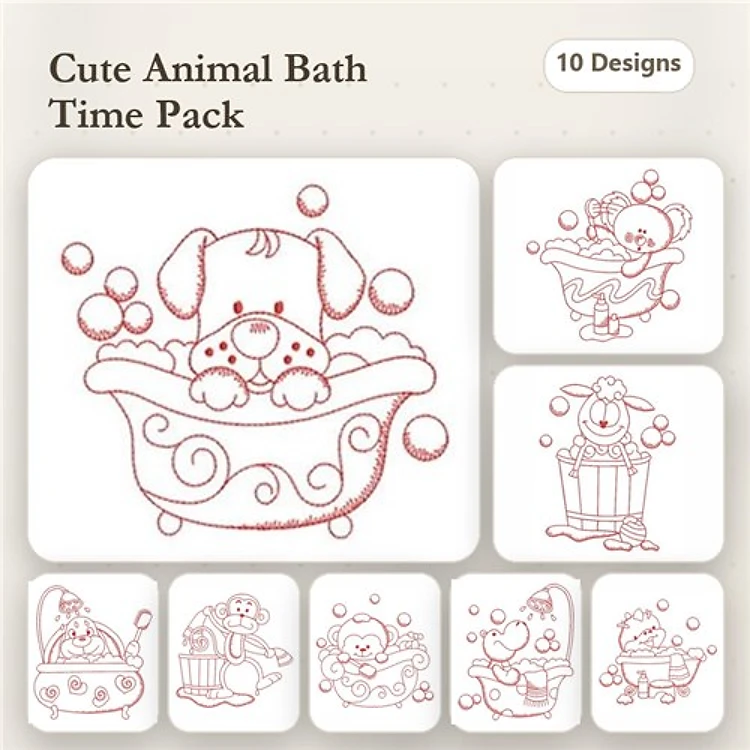 Cute Animal Bath Time Embroidery Bundle – Adorable Designs (10 Designs)