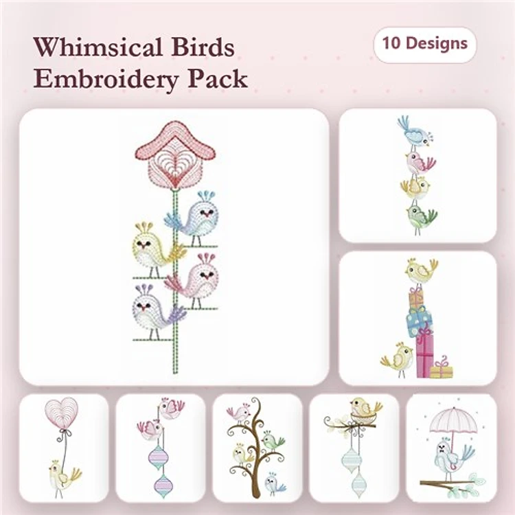 Charming Bird Embroidery Designs Bundle – Birdhouse with Birds, Bird with Crown, Hanging Bird Ornaments & More (10 Designs)