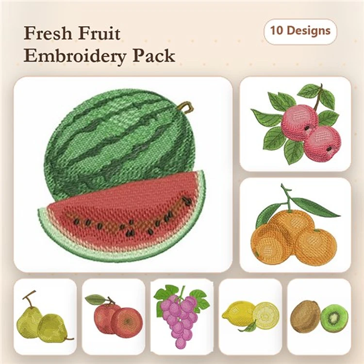 Fresh Fruits Embroidery Designs Bundle – Watermelon Slice, Lychee, Clementine & More (10 Designs)