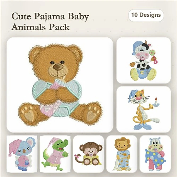Cute Pajama Baby Animals Embroidery Bundle – Adorable Animal Designs (10 Designs)